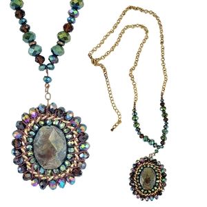 Natural Stone Gold Tone Iridescent Beeded Long Gold Necklace Peacock Colors